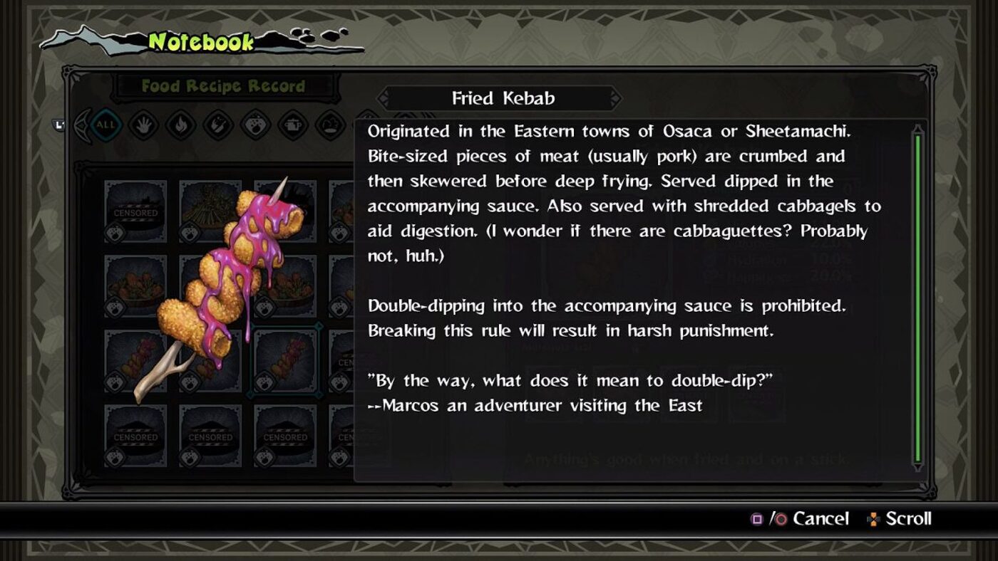Đánh giá game Monster Menu The Scavenger’s Cookbook: Màn hình mô tả món Kebab chiên trong Monster Menu