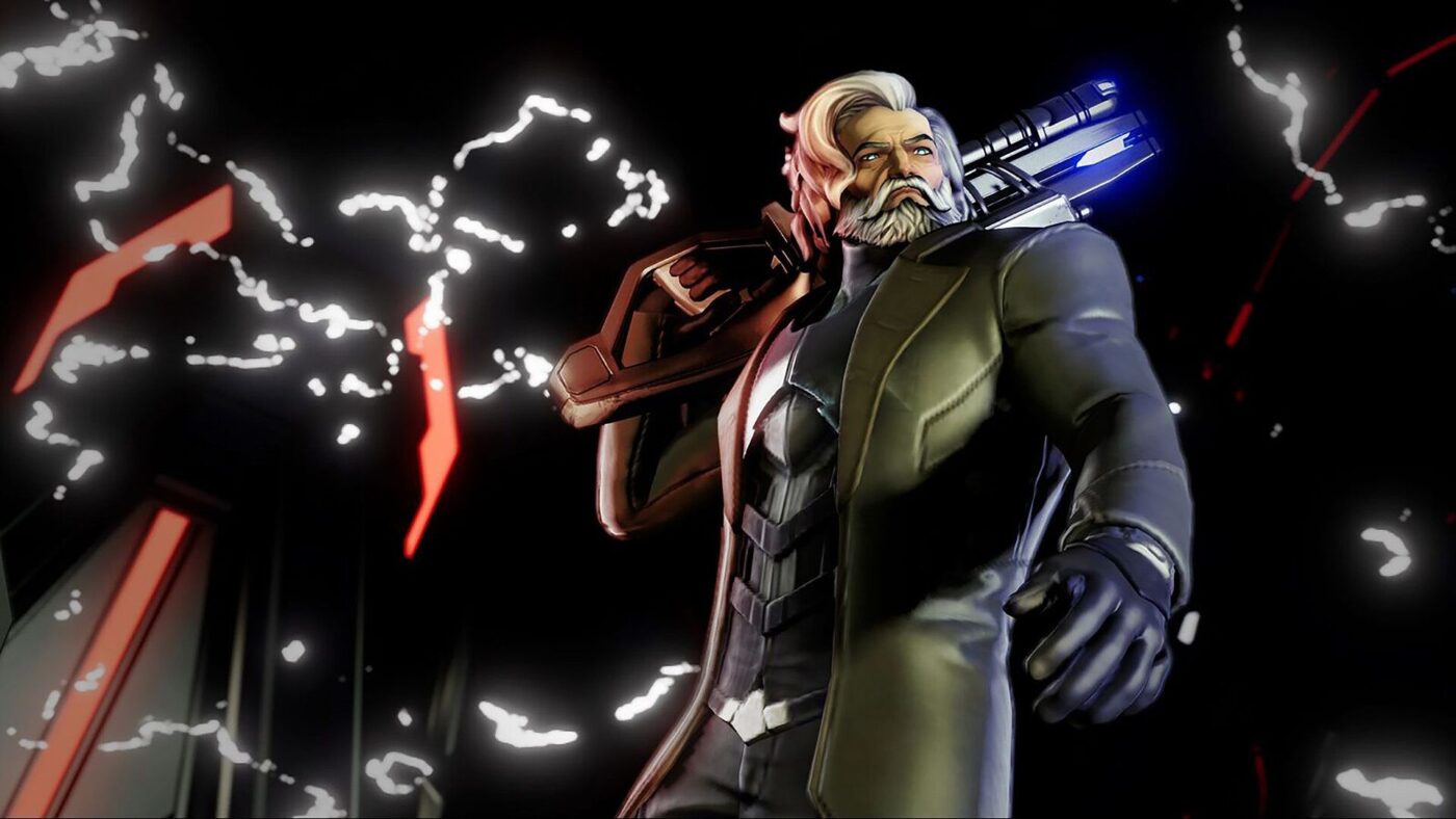 Trong ảnh chụp màn hình từ Agents of Mayhem, nhân vật Hammersmith đứng với một khẩu súng lớn trên vai.