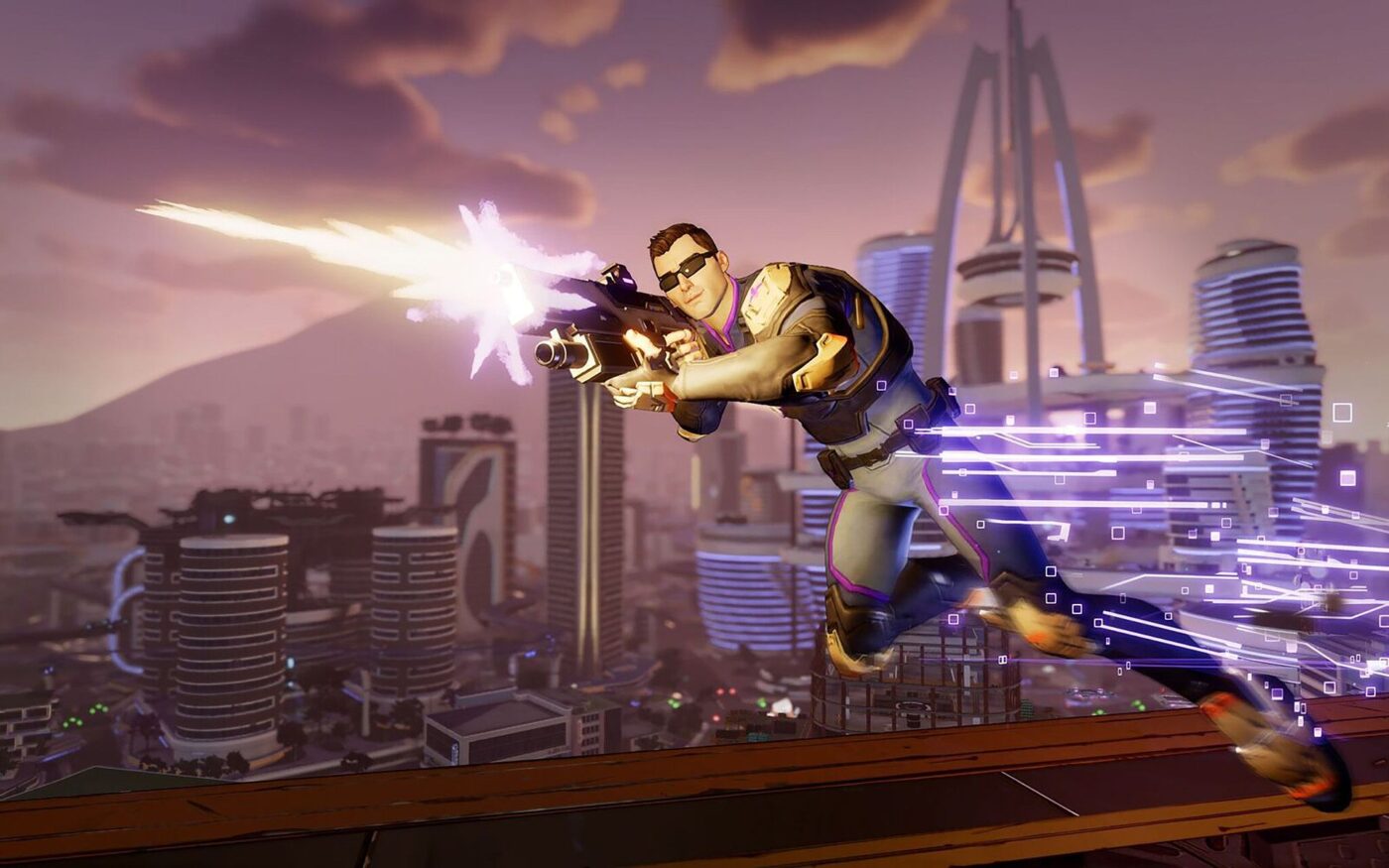 Trong ảnh chụp màn hình từ Agents of Mayhem, nhân vật Hollywood đang chạy và bắn súng máy.